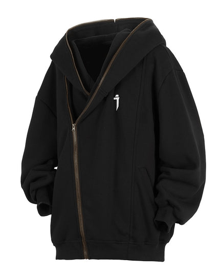 Oblique Zipper Hooded Cardigan Sweater Baggy Coat
