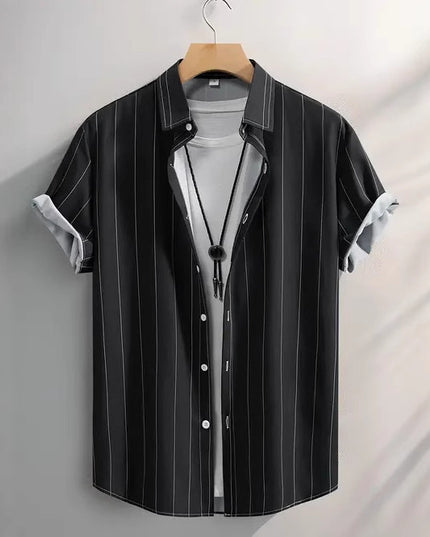 Summer Men's Fashion Trend Stripes Short Sleeve Stand Collar Shirt