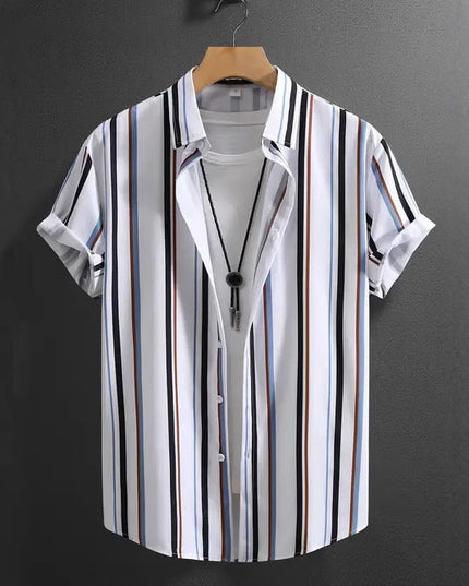 Summer Men's Fashion Trend Stripes Short Sleeve Stand Collar Shirt
