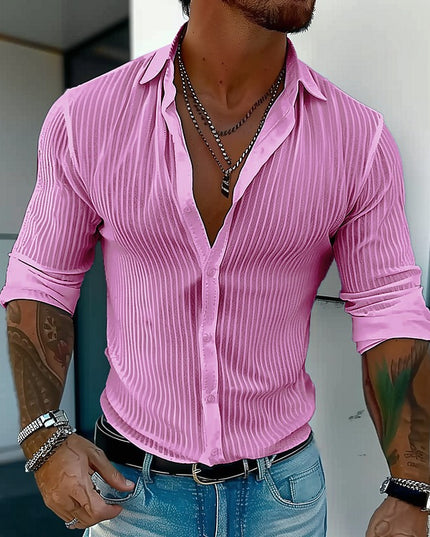 Pure Color All-matching Men's Striped Cardigan Long Sleeve Shirt