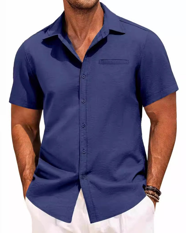 Polo Collar Solid Color Short Sleeve Button Shirt