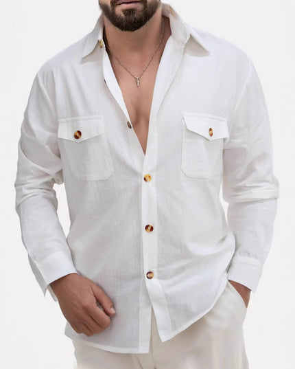 Casual Loose V-neck Solid Color Top Button Chest Pocket Shirt