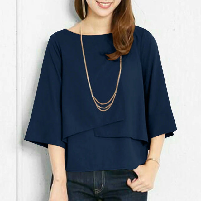 Summer Double-layer Top Casual Round Neck Simple Solid Color Shirt