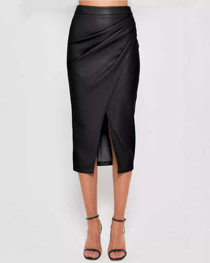 Women's High Waist Zipper Heap Pleated Leather Skirt