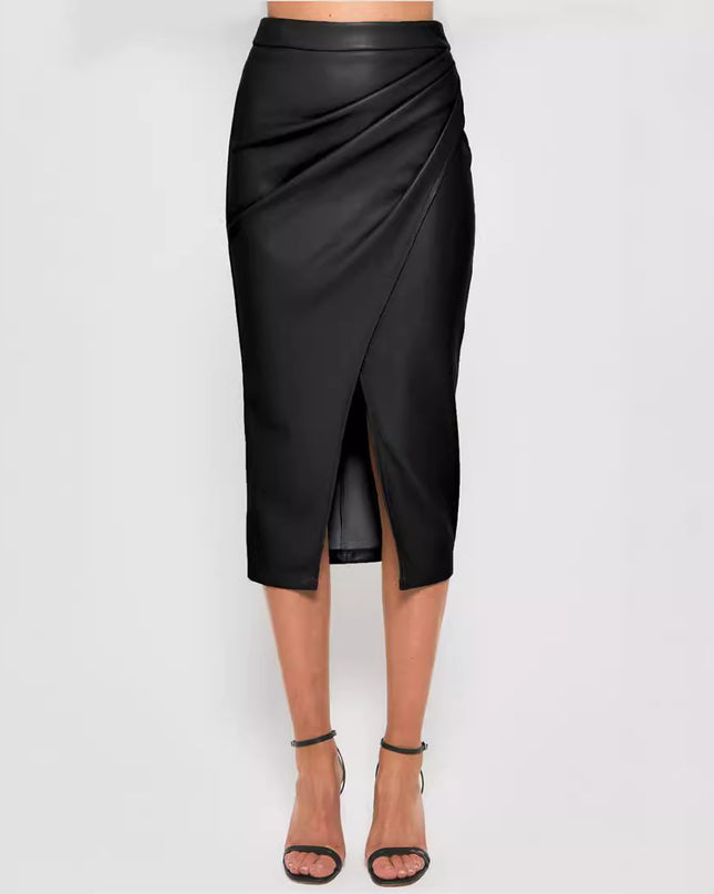 Women's High Waist Zipper Heap Pleated Leather Skirt