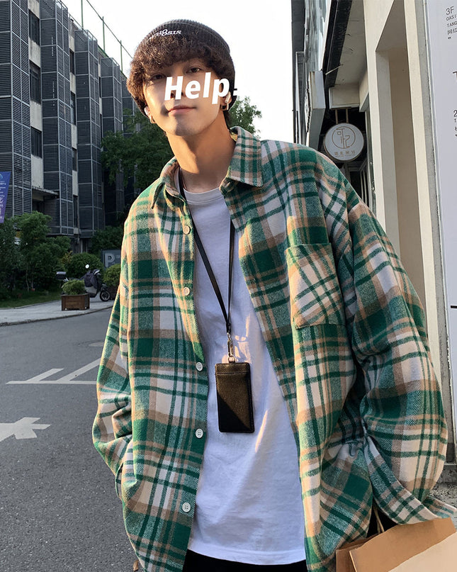 Early Autumn Long Sleeves Woolen Plaid Shirt For Men