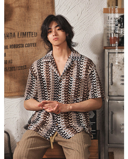 Japanese Style Cuban Collar National Style Hollow Jacquard Color Matching Short Sleeve