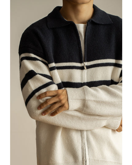 Young Contrast Color Striped Lapel Sweater Men's Casual Zipper
