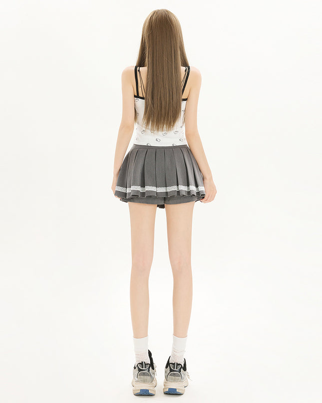 Sweet All-matching Bow Lace Stitching Half-length Pleated Skirt