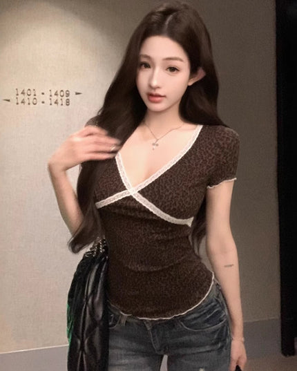 V-neck Lace Leopard-print Slim-fit Short Sleeve Women's Summer