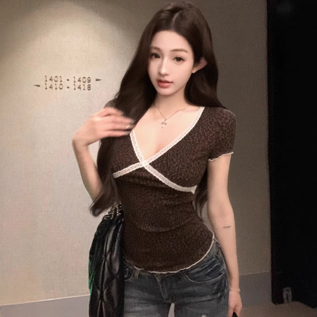 V-neck Lace Leopard-print Slim-fit Short Sleeve Women's Summer