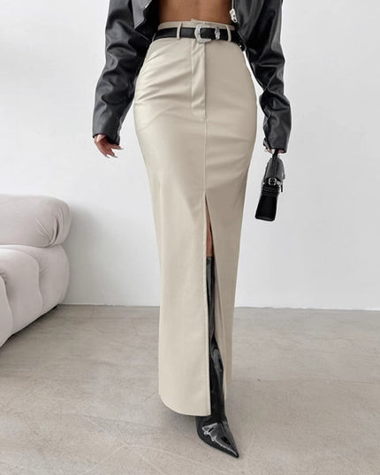 Leather Design Split Solid Color High Waist Simple Skirt