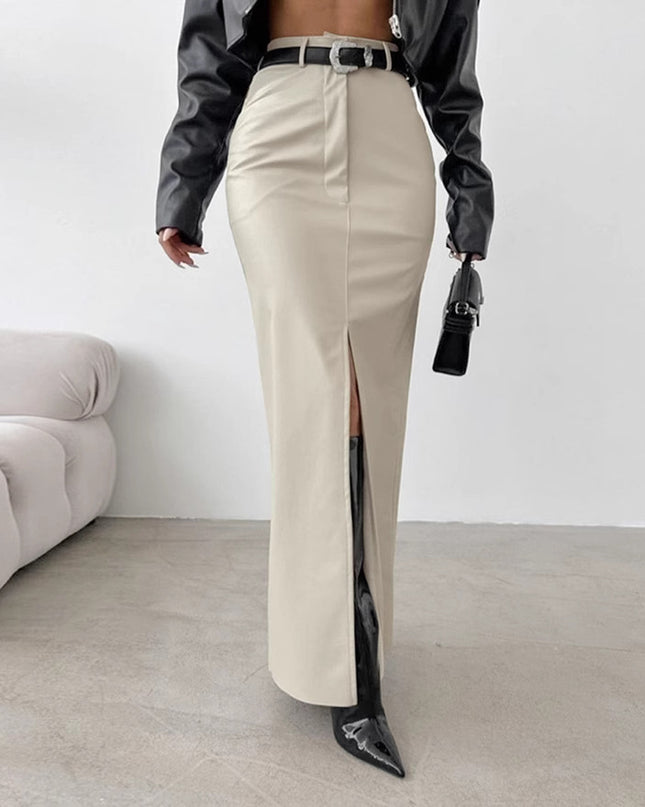 Leather Design Split Solid Color High Waist Simple Skirt