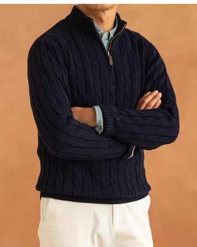 Long Sleeve Pullover Half Zipper Twisted Casual Solid Color Men's Sweater