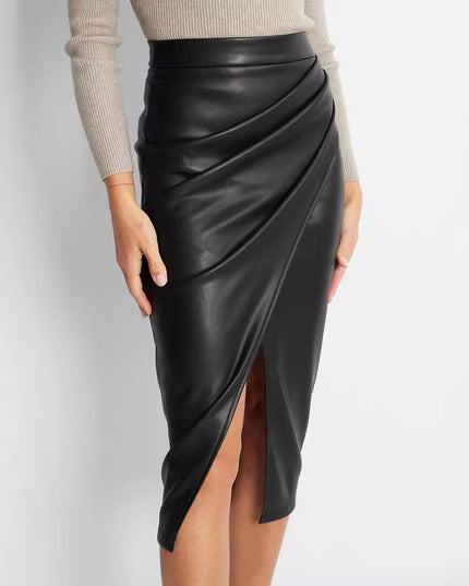 Women's High Waist Zipper Heap Pleated Leather Skirt