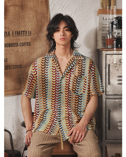 Japanese Style Cuban Collar National Style Hollow Jacquard Color Matching Short Sleeve