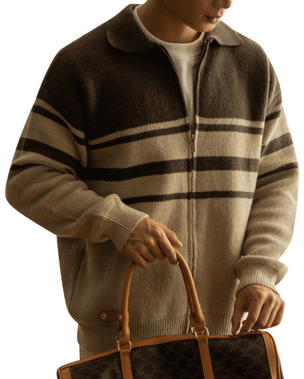 Young Contrast Color Striped Lapel Sweater Men's Casual Zipper