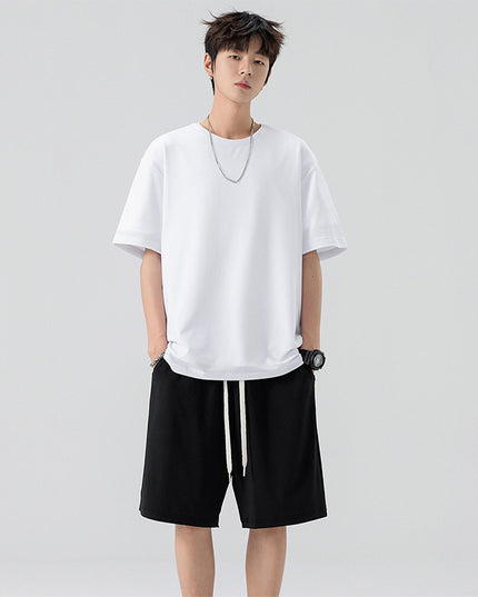 Men's Ice Silk T-shirt Fifth Pants Suit Solid Color