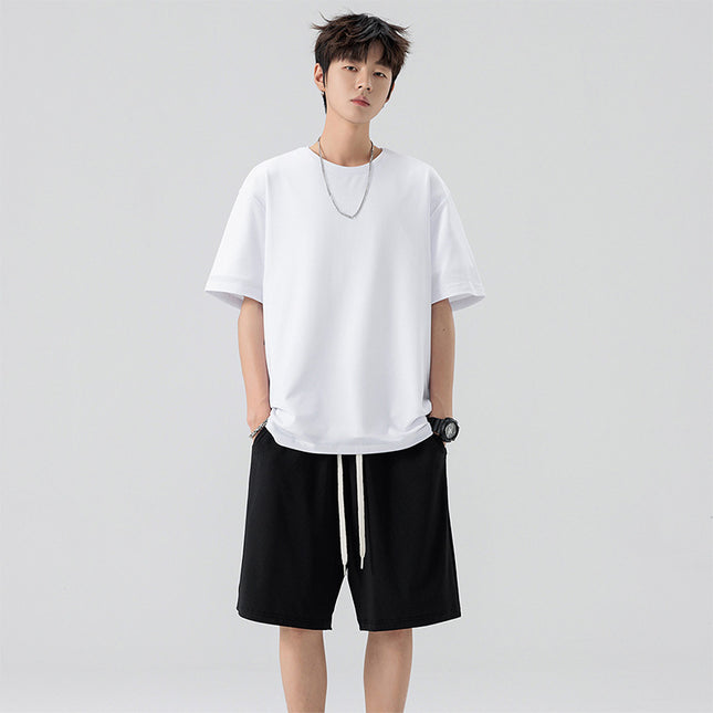 Men's Ice Silk T-shirt Fifth Pants Suit Solid Color