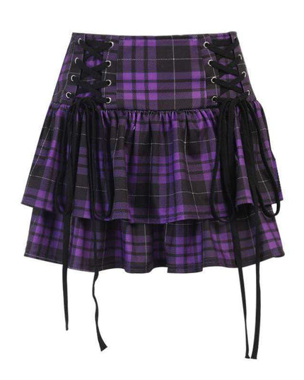 High Waist Layered Plaid Lace-up Corns Mini Skirt