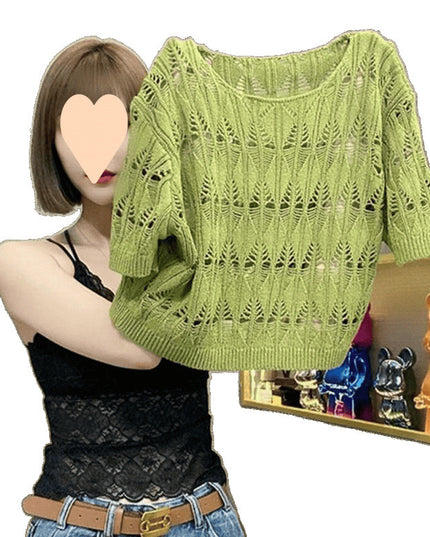 Hollow-out Ice Silk Sweater Short Sun-drying Shirt Top Short Sleeve