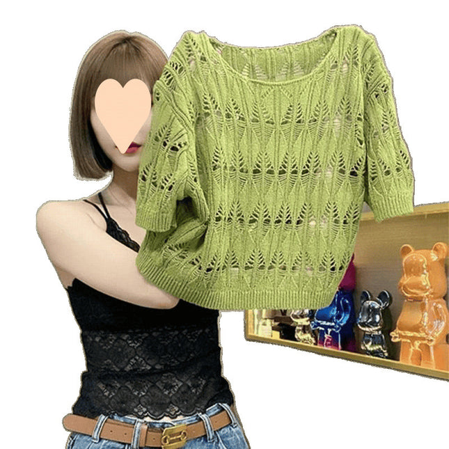 Hollow-out Ice Silk Sweater Short Sun-drying Shirt Top Short Sleeve