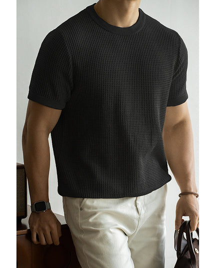 American Retro Waffle Drape Round Neck Short Sleeve T-shirt