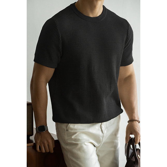 American Retro Waffle Drape Round Neck Short Sleeve T-shirt
