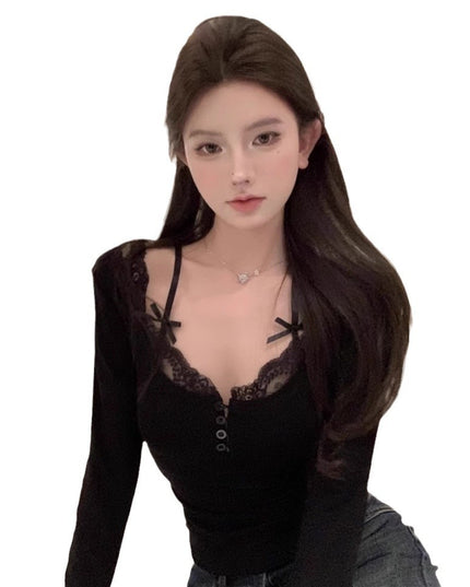 Pure Desire Style Lace Strap Fake Two-piece Dralon Bottoming Shirt For Women