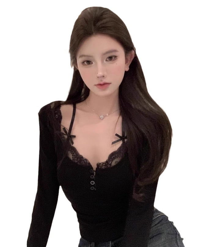 Pure Desire Style Lace Strap Fake Two-piece Dralon Bottoming Shirt For Women