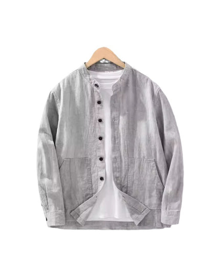 Men's Solid Color Ramie Stand Collar Retro Casual Coat Shirt