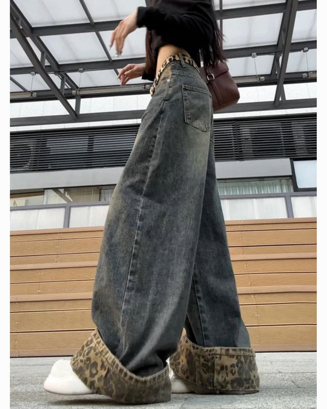 Women's Retro Patchwork Leopard-print Curling Jeans
