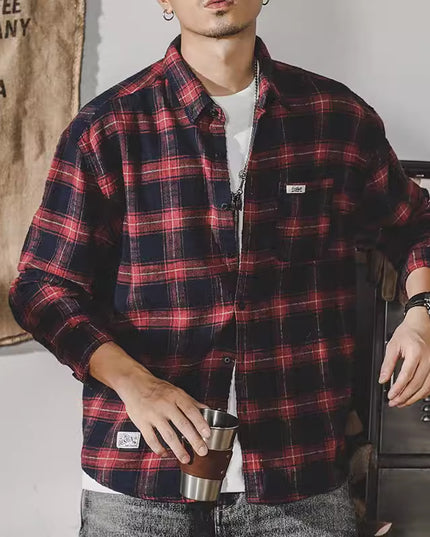 Retro Plaid Shirt Men's Long Sleeve Loose All-matching