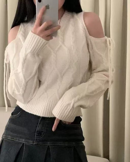 Round Neck Hollow Out Shoulder-baring Lace-up Loose All-match Long-sleeved Sweater Sweater
