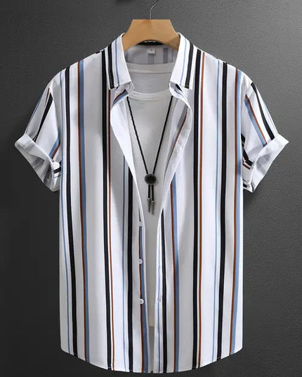 Summer Men's Fashion Trend Stripes Short Sleeve Stand Collar Shirt