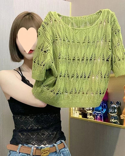 Hollow-out Ice Silk Sweater Short Sun-drying Shirt Top Short Sleeve