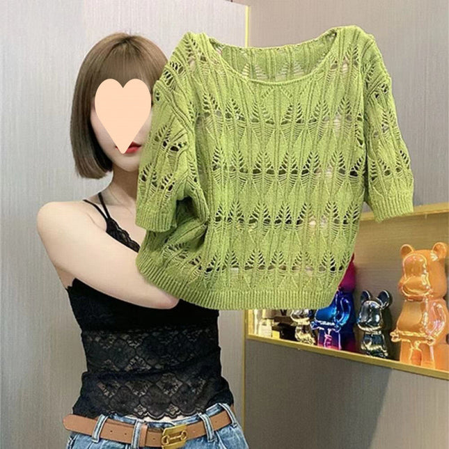 Hollow-out Ice Silk Sweater Short Sun-drying Shirt Top Short Sleeve