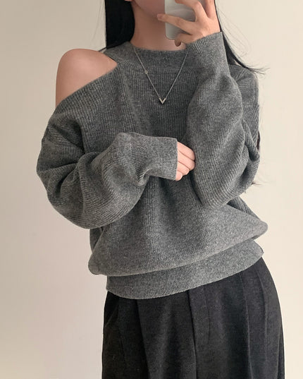 Retro Crew Neck Hollow Out Shoulder-baring Loose Sweater