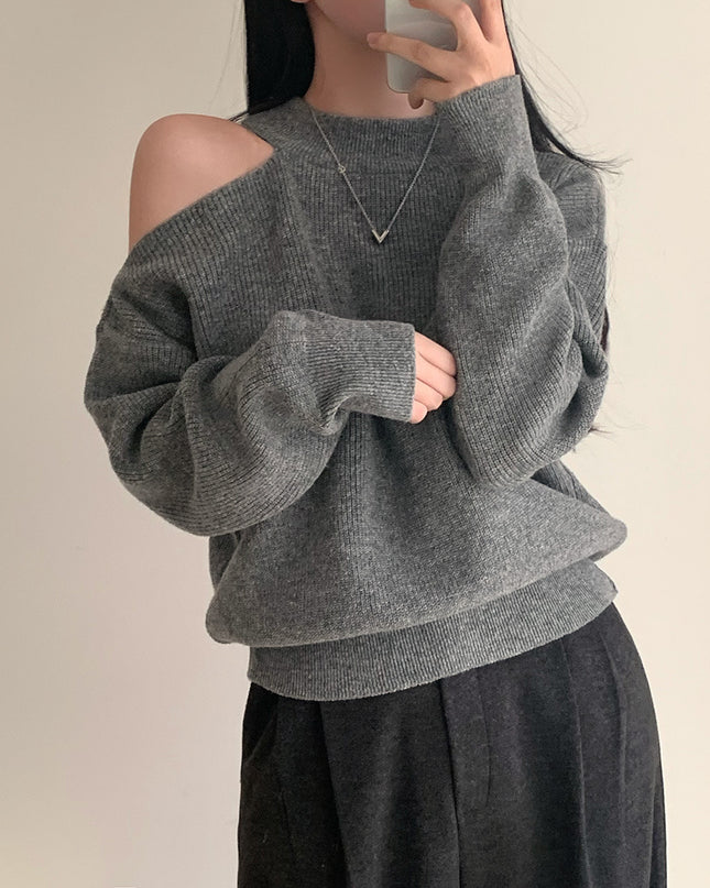 Retro Crew Neck Hollow Out Shoulder-baring Loose Sweater