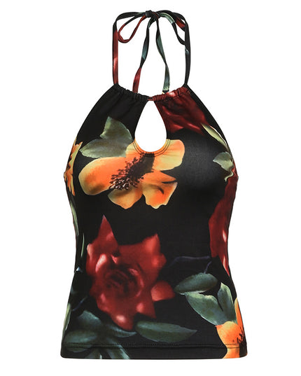 Personalized Stylish Print Slim Fit Halter Spaghetti Straps Vest Backless Hollow-out Top