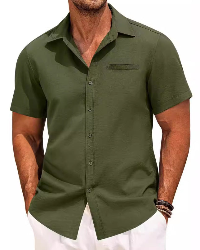 Polo Collar Solid Color Short Sleeve Button Shirt