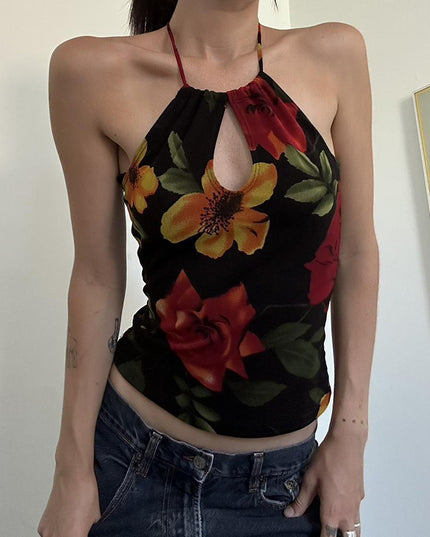Personalized Stylish Print Slim Fit Halter Spaghetti Straps Vest Backless Hollow-out Top