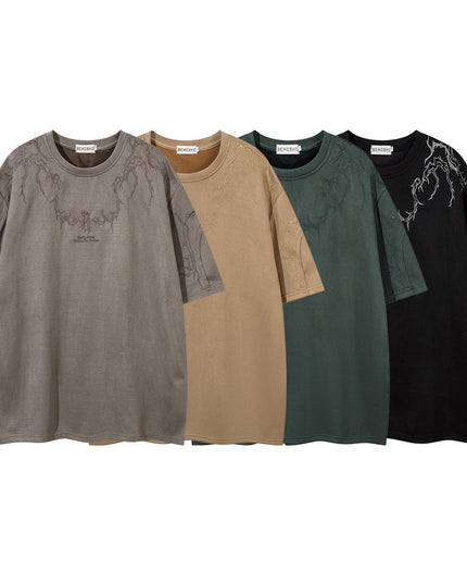 Summer Suede T-shirt Thorn Embroidery Short Sleeve