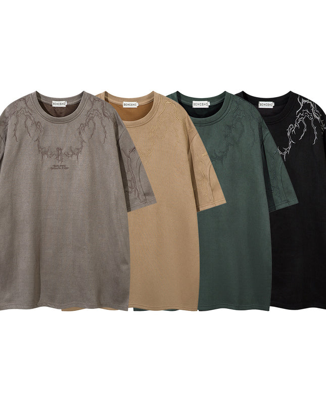 Summer Suede T-shirt Thorn Embroidery Short Sleeve
