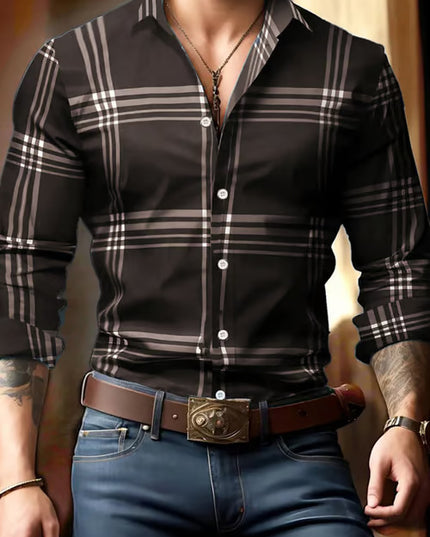 3D Digital Printing Striped Plaid Men's Long Sleeve Shirt
