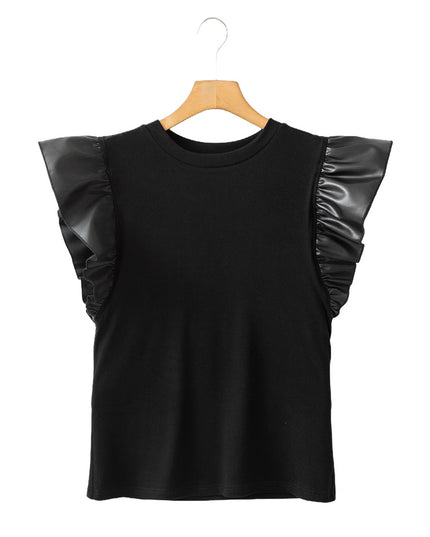 Pullover Women's Mesh Stitching Ruffle Cotton Short Sleeve Solid Color T-shirt