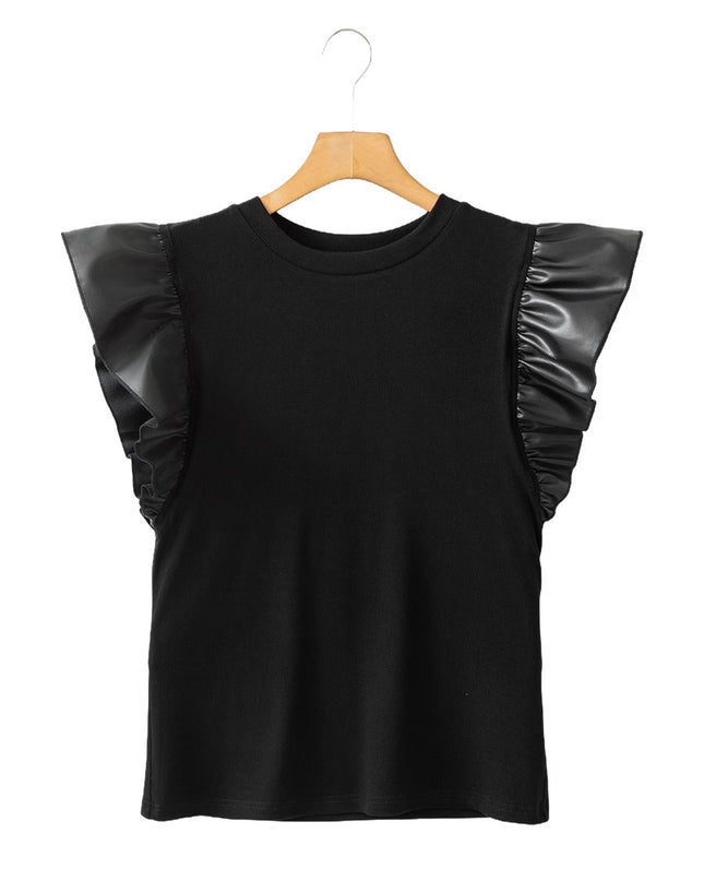 Pullover Women's Mesh Stitching Ruffle Cotton Short Sleeve Solid Color T-shirt