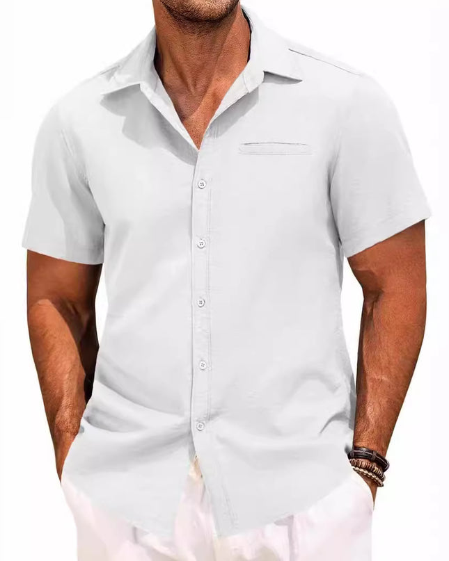Polo Collar Solid Color Short Sleeve Button Shirt