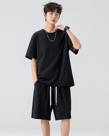 Men's Ice Silk T-shirt Fifth Pants Suit Solid Color