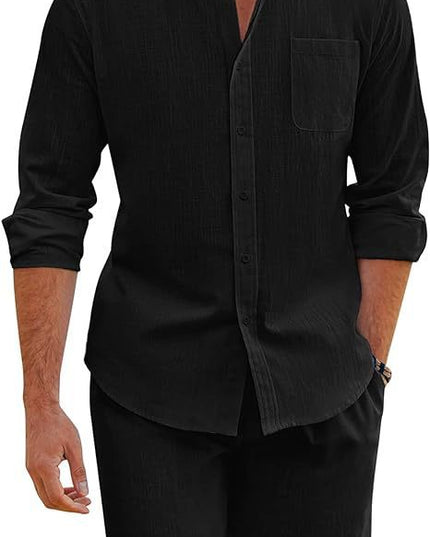 Men's Summer Two-piece Polyester Button Shirt Long Sleeve Shorts